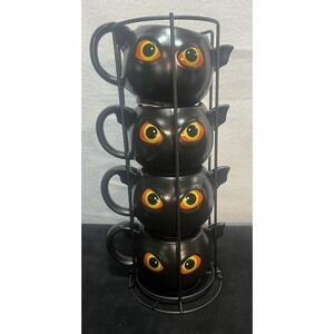 Way to Celebrate Halloween Black Bat Ceramic‎ Stacking Mug Set of 4 w/Metal Rack